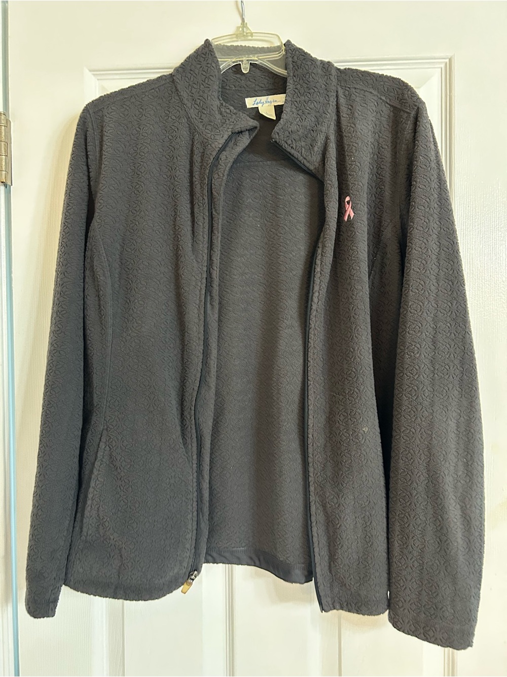Lady Hagen Charcoal Gray Teddy Jacket with Pink Ribbon Accent